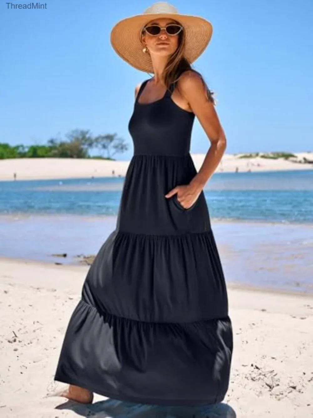 Sleeveless Maxi Dress with Pockets, Slim Fit, Rayon Blend, Casual Summer Wear - Picture 3 of 7